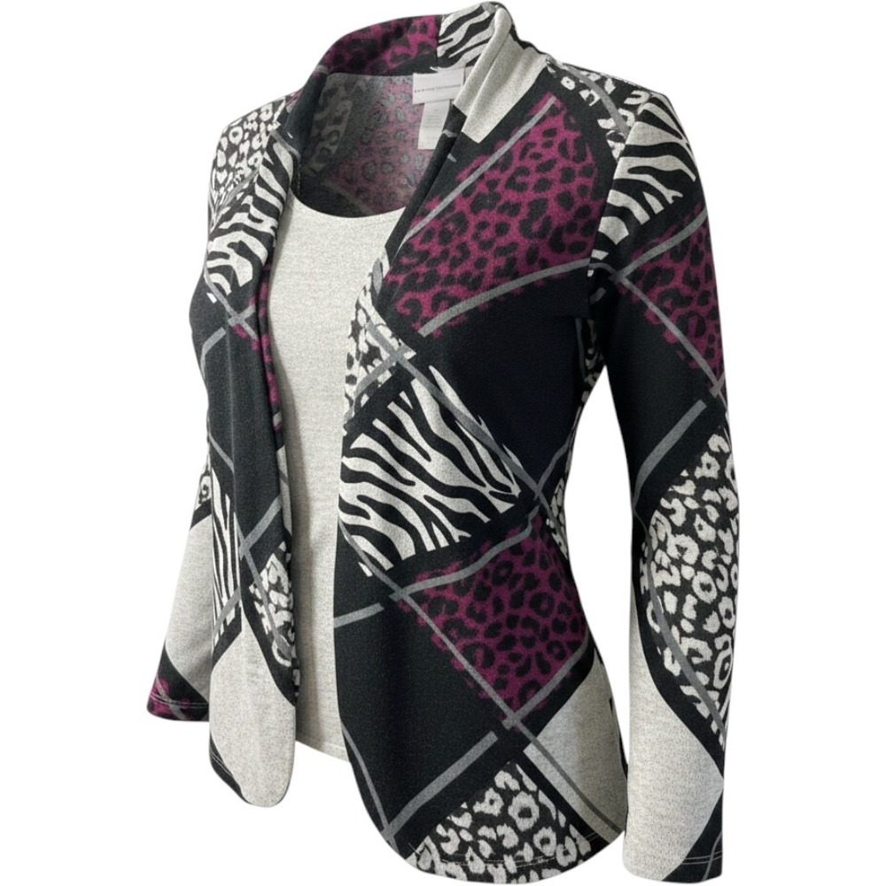 Alfred Dunner Womens XL Animal Print Cardigan Tank Set 2pc Magenta Grey Black